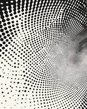 Abstract Monochrome Halftone Pattern With Spiraling Geometric Dots And Dynamic Swirling Motion