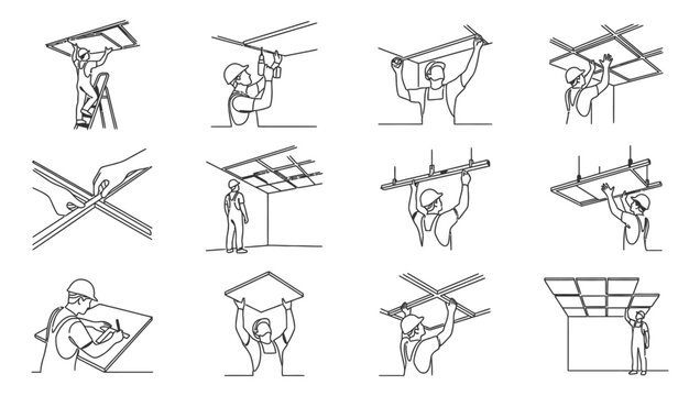 Set of line art illustrations depicting workers installing a drop ceiling system.