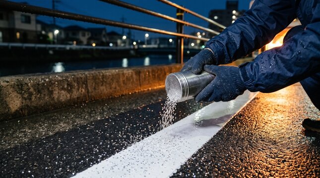 Reflective beads settle on fresh pavement paint during night work