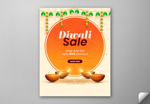 Editable Diwali Festival Sale Social Media Post Template with Up to 80 Percent Discount, Burning Diyas and Traditional Toran Decorated on Beige Background.