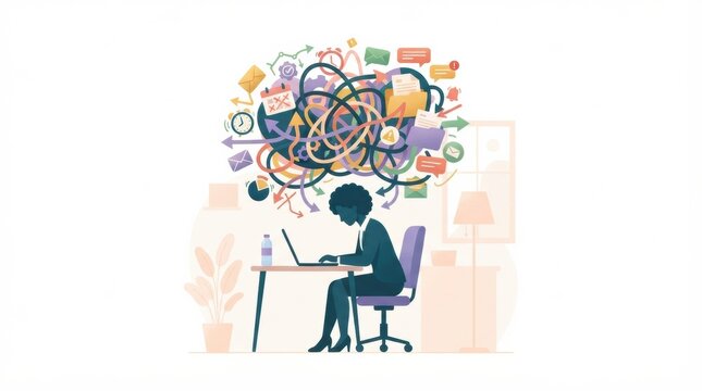 Employee works at a desk on a laptop with various stress-related symbols appearing above their head showing issues like burnout and pressure.