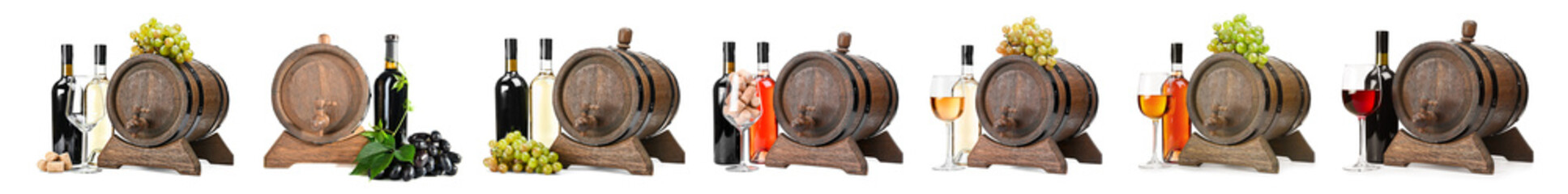 Obraz premium Wooden wine barrels with bottles and glasses of wine on white background