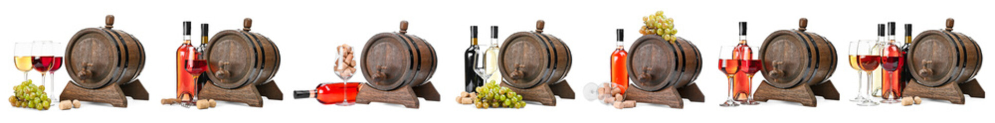 Obraz premium Wooden wine barrels with bottles, glasses, and grapes