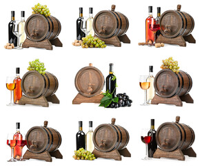 Obraz premium Wooden wine barrels with bottles, glasses, and grapes collage