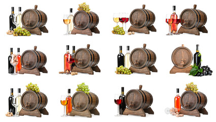 Obraz premium Collection of wooden wine barrels with bottles and glasses