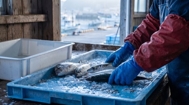 Gloved hands sort fresh fish in a dawn harbor shed