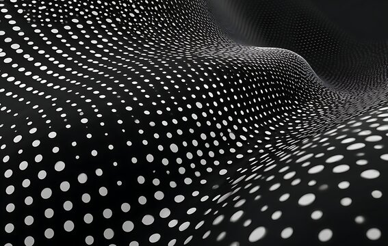 Abstract Wavy Surface With White Polka Dots On Black Background Featuring Fluid Geometric Motion