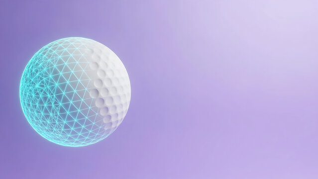 Conceptual 3D Illustration of a Digital Golf Ball with Wireframe Mesh on a Purple Background