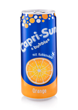 LONDON,UK - SEPTEMBER 16, 2025: Original Capri Sun orange soda soft drink juice on white background.