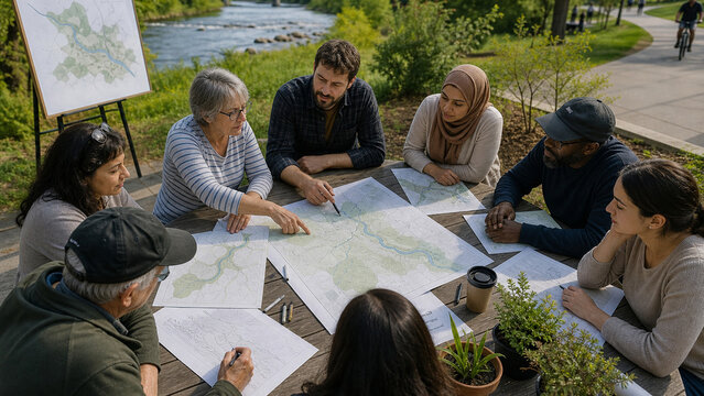 Multigenerational community members collaborate around an outdoor table, reviewing maps beside a river and public park.
