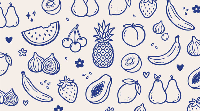 Seamless pattern with handdrawn doodle fruits and berries