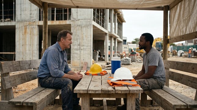 Construction coworkers pause for a calm peer wellbeing check-in