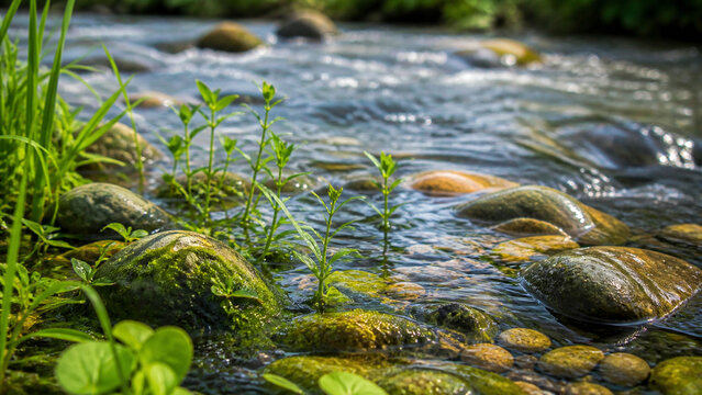 Clear water flows through a shallow woodland stream among smooth mossy rocks and fresh green plants in warm natural sunlight.