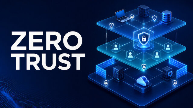Blue isometric digital illustration of zero trust security with layered networks, servers, users, firewalls, shields, locks, cloud, and database.