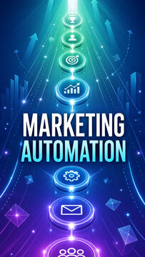 Vibrant blue and purple digital illustration of a marketing automation workflow with connected icons, growth charts, targets, email, and bold typography.