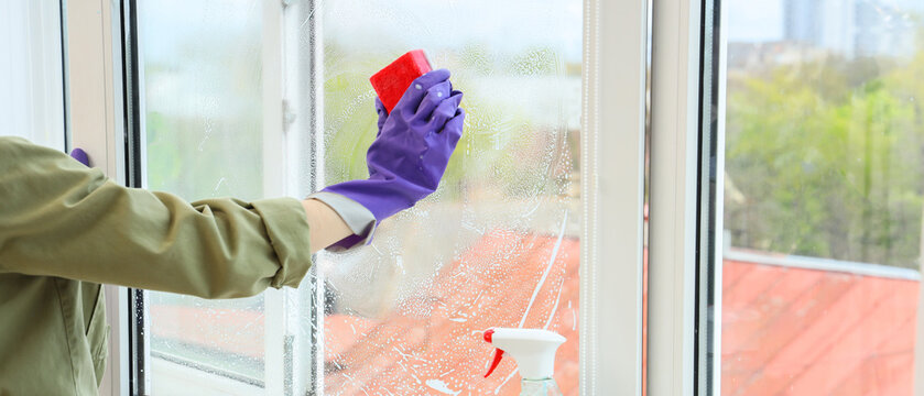 Person in purple gloves cleaning a window with a red sponge and soapy water, Home maintenance