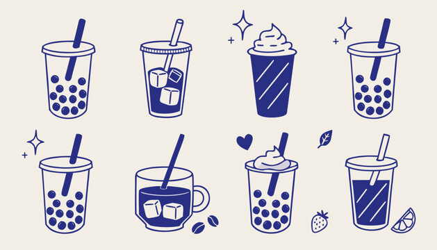 Set of various bubble tea and coffee drinks icons vector illustration of boba tea, iced coffee, and milkshakes in cups and mugs