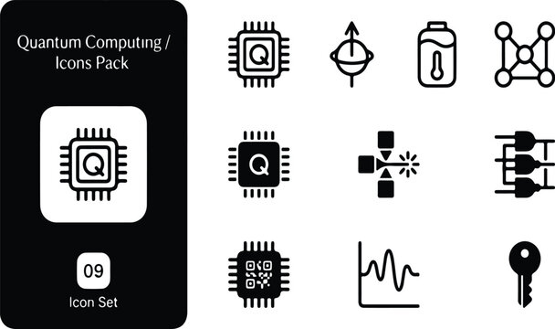Comprehensive Quantum Computing Vector Icon Set Featuring Qubits, Processors, Cryogenics, Entanglement, and Cryptography Symbols for Modern Technology, Science, and Research Projects.