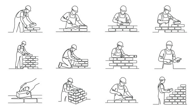 Set of line art illustrations featuring professional bricklayers constructing brick walls.