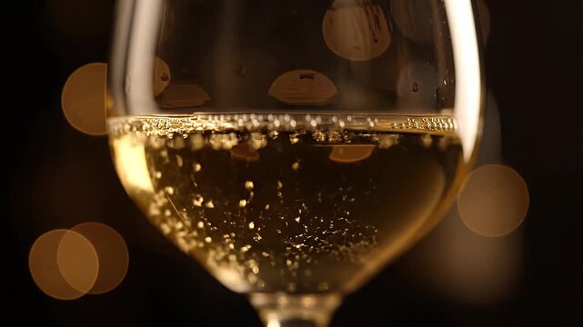 Sparkling champagne glass filled with golden bubbles against a dark bokeh background