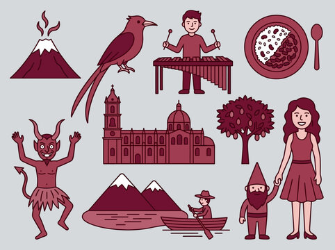 Nicaragua Culture and Landmarks Icon Set - Traditional Symbols, Folklore, and Food