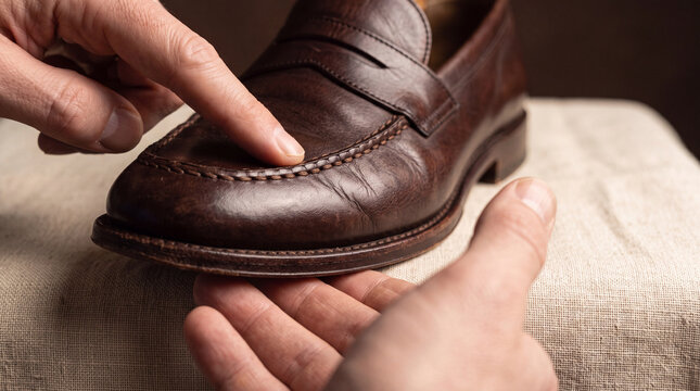 Close study of hand stitched leather loafer construction for resale