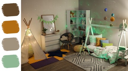 Obraz premium Cozy children's bedroom with a teepee, bed, and planet mobile under a starry night light projection