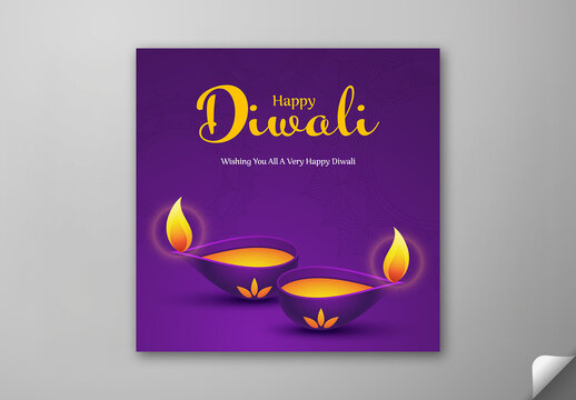 Editable Happy Diwali Festival Social Media Greeting Post with Burning Oil Lamps (diya) on Purple Background.
