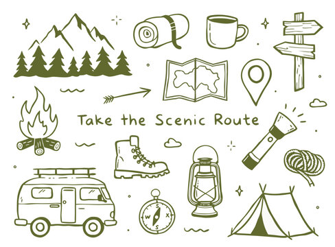 Set of hand drawn camping and hiking elements