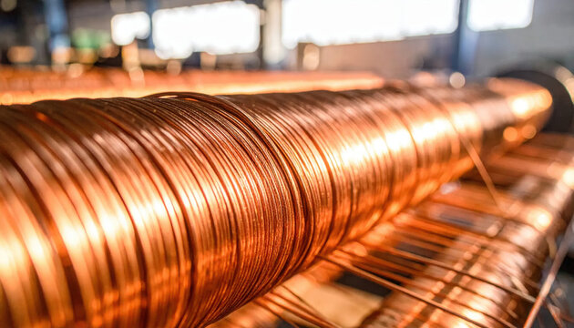 Massive industrial coil of gleaming copper wire in a factory setting, ready for production and distribution.
