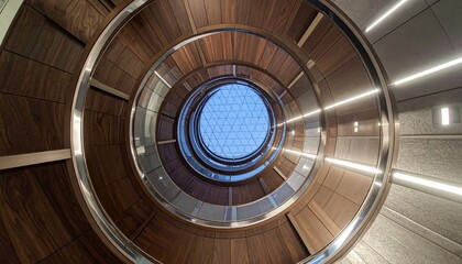Fototapeta premium Modern Circular Wooden Staircase With Glass Atrium Ceiling Looking Upward