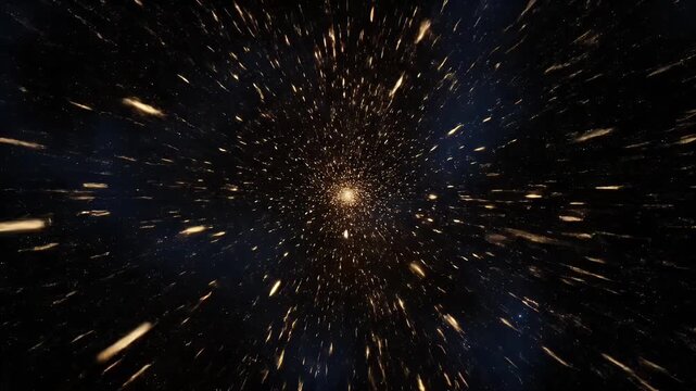 Space warp effect showing bright golden stars streaking across a dark black void