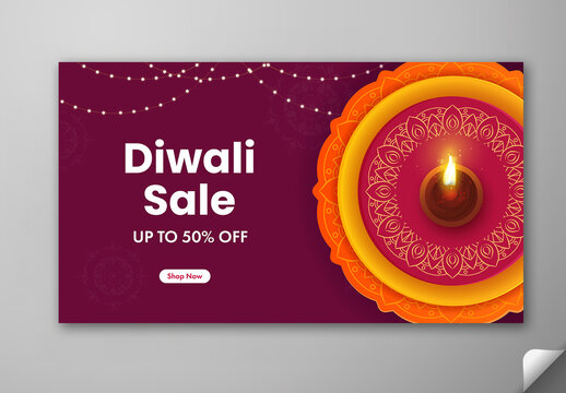 Editable Diwali Festival Sale TV Ads Banner Template with Up to 50 Percent Off, Glowing Diya on Decorative Rangoli and Maroon Background.