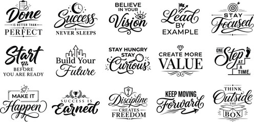 Set of fifteen motivational and inspirational typography quotes for business and personal growth printed in black ink © TahminaB
