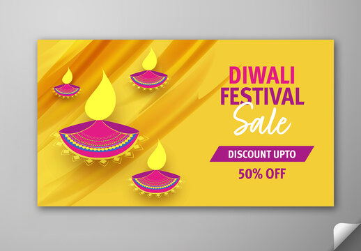 Editable Diwali Festival Sale TV Ads Banner Template with Up to 50 Percent Off and Decorative Diyas on Yellow Background.