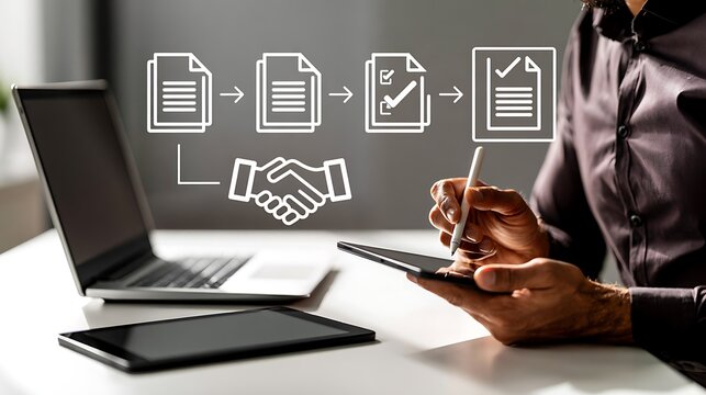 Procurement process management, Digital and paper document approval, contract verification, supplier negotiation, and business purchasing operations using laptop and paper in office environment