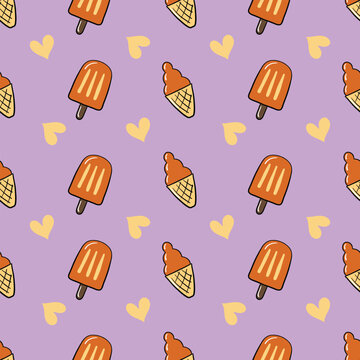 Thai tea ice cream and heart seamless pattern on a purple background.