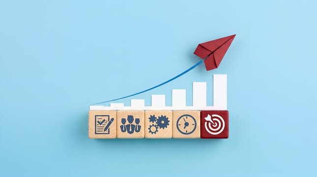Upward Business Growth and Performance Tracking Represented by Rising Bar Chart and Red Paper Airplane Launch