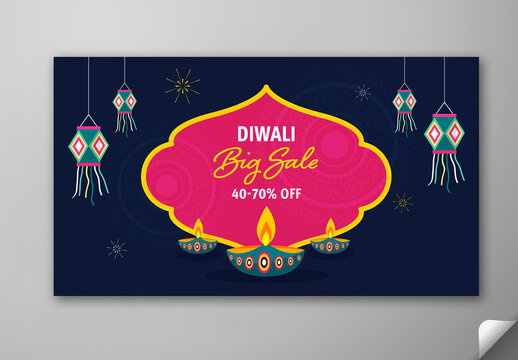 Editable Diwali Festival Sale TV Ads Banner Template with 40 to 70 Percent Off, Decorative Diyas and Hanging Kandil on Dark Background.