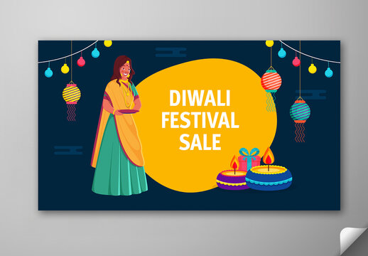 Editable Diwali Festival Sale TV Ads Banner Template with Illustration of Indian Woman in Sari on Festive Decorations Background.