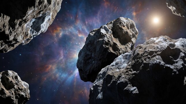 Dense asteroid field of floating rocks in deep space with distant stars and nebula glow.