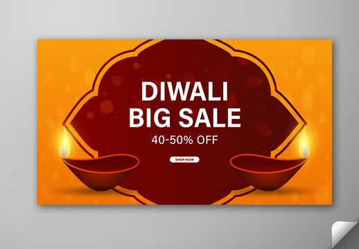 Editable Diwali Festival Big Sale TV Ads Banner Design with 40 to 50 Percent Off and Burning Oil Lamps (Diya) on Orange and Brown Background.