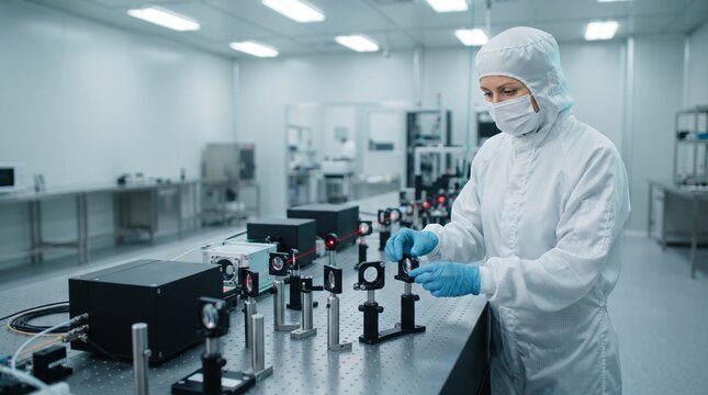 Photonics scientist calibrates optics in a semiconductor cleanroom