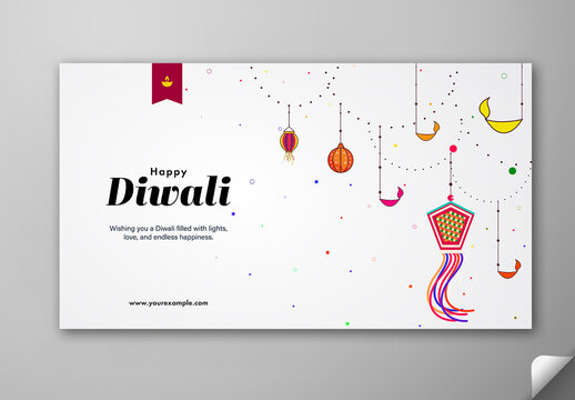 Editable Happy Diwali Festival Greeting Banner Design with Hanging Diyas and Lanterns Illustration on White Background.