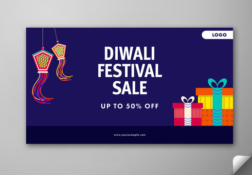 Editable Diwali Festival Sale TV Ads Banner Template with Up to 50 Percent Off, Gift Boxes and Hanging Kandil on Blue Background.