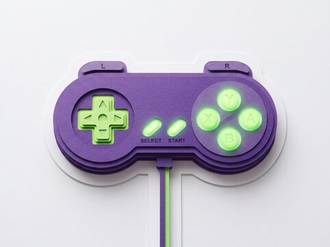 Papercraft illustration of retro purple video game controller on white background