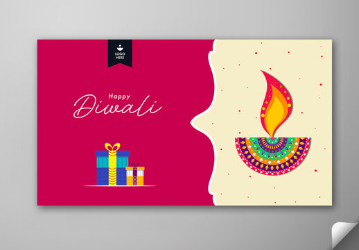 Editable Happy Diwali Festival Greeting Banner Design with Colorful Creative Diya and Gift Boxes on Pink and Beige Background.