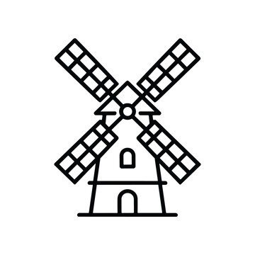 Simple outline drawing of a traditional windmill with four sails against a white background.