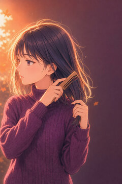 Woman in a burgundy knit sweater combing her long hair in warm backlight, autumn hair care, copy space, 暖かな逆光の中で木の櫛で長い髪をとかすワインレッドのニットの女性 コピースペース付き