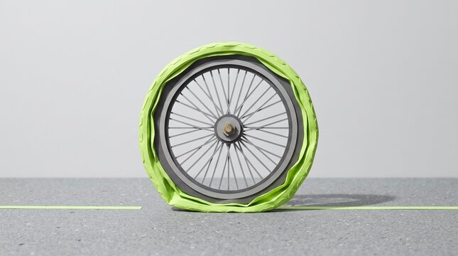 Deflated flat bicycle tire with bright green rubber on grey road background